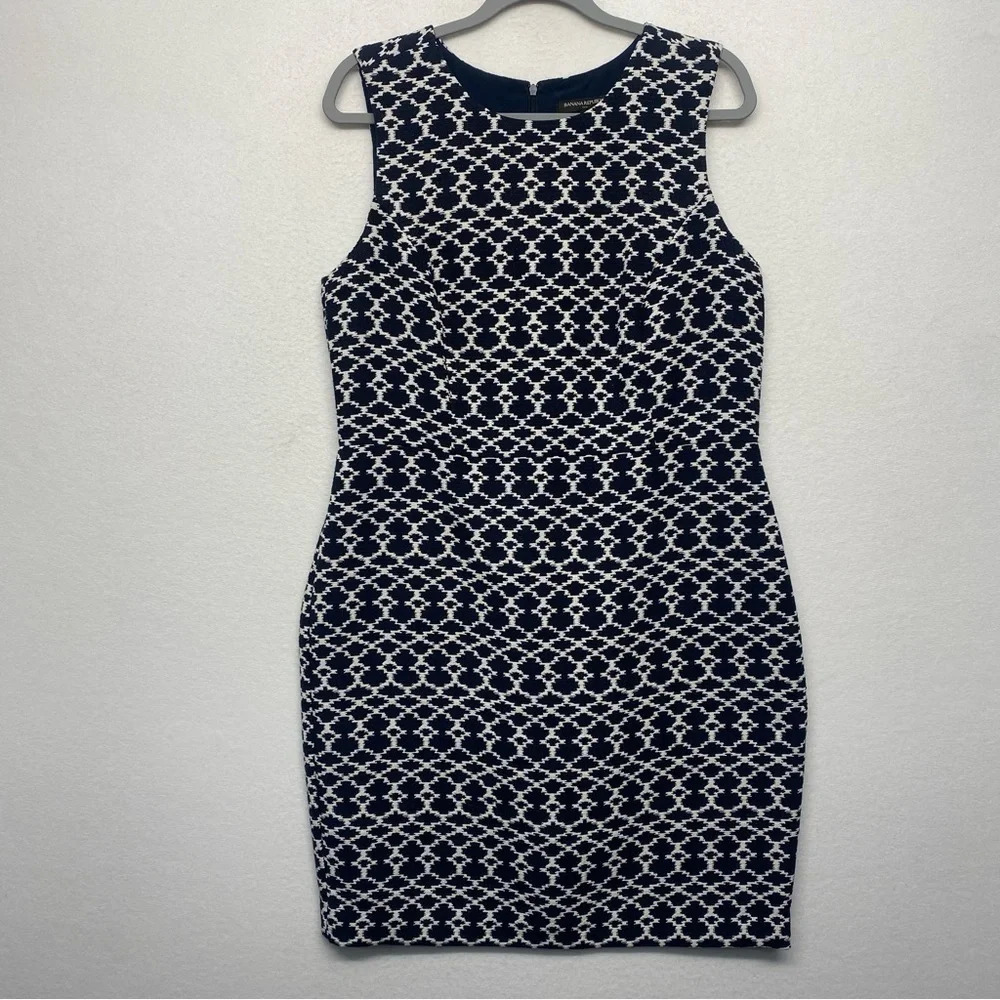 BANANA REPUBLIC Geometric Woven Sheath Dress‎ Sleeveless Navy Blue Womens 14